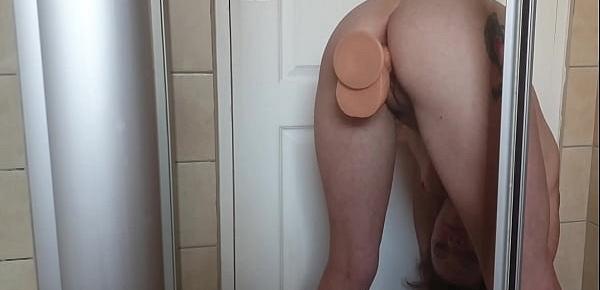  Fucking my cunt with a suction dildo with the shower door